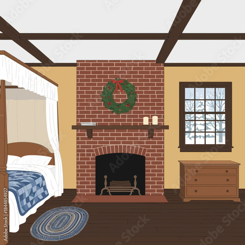 Cozy rustic living room with a brick fireplace decorated with a wreath and winter accents