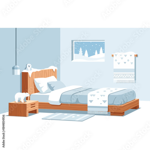Cozy winter bedroom decor with snow theme and warm lighting creating a peaceful indoor scene