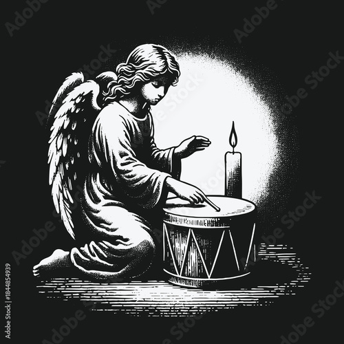 Vintage woodcut style illustration of a kneeling angel playing a drum by candlelight.