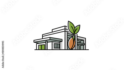 Building with a sprouting seed and leaves symbolizing growth and new beginnings.