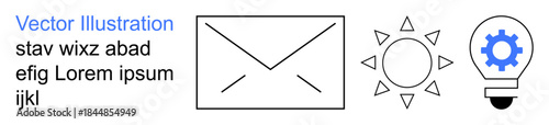 Communication, renewable energy, innovation, email support, ideas, technology. Minimalistic design an envelope, sun symbol and light bulb with a gear. Communication and innovation concept