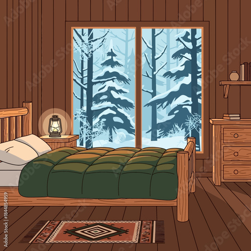 Cozy winter cabin bedroom with large snow-covered window view and warm wooden interior design