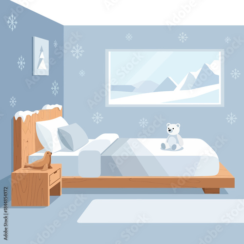 Cozy winter-themed bedroom decorated with snowflakes and a sleeping teddy bear on the bed