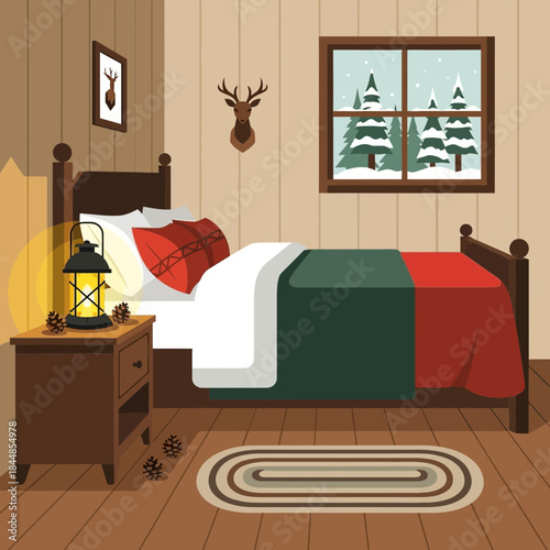 Cozy winter-themed bedroom with wooden paneling and decorative elements for a warm holiday ambiance