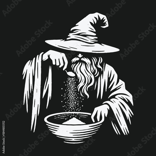 Mysterious wizard with a long beard mixing a magic potion in a bowl.
