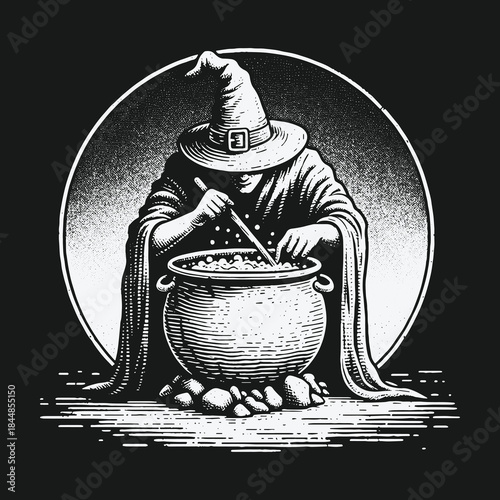 Dark fantasy wizard character preparing a magical concoction.