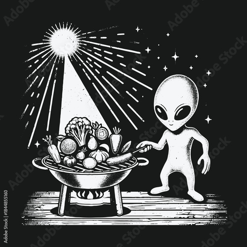 Extraterrestrial being enjoys a vegan barbecue in outer space.