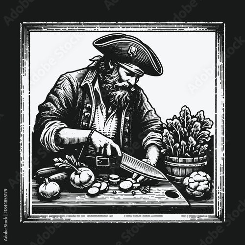 Vintage woodcut illustration of a pirate captain chopping vegetables.