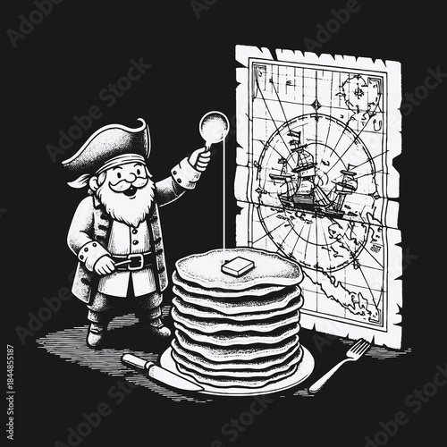 Cartoon pirate captain discovers his treasure is a giant stack of pancakes.