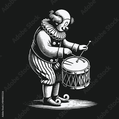 Vintage engraving style illustration of a sad clown playing a drum.