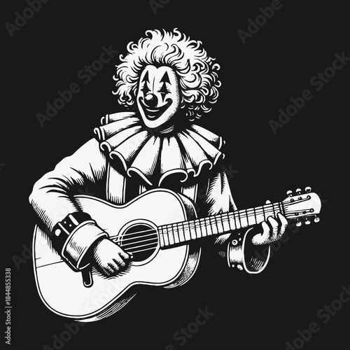 Smiling circus clown playing an acoustic guitar black and white illustration.