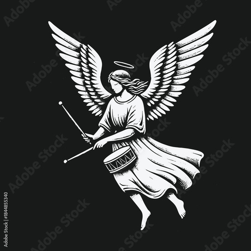 Flying angel with wings and halo playing a snare drum illustration.
