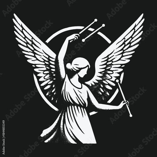 Mythological winged angel drummer with sticks vector illustration.