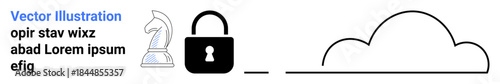 Cybersecurity, data protection, cloud storage, strategic planning, encryption, digital safety. Knight chess piece, lock and cloud security and strategic data protection. Cybersecurity and data
