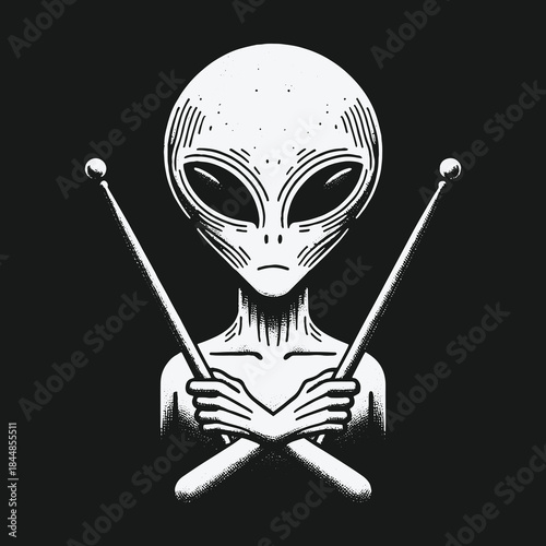 Vintage style alien drummer holding crossed drumsticks illustration.