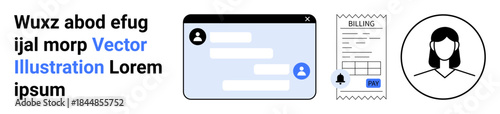 Online communication, digital billing, profile identity, customer support, data exchange, service interaction. Chat interface, billing receipt and user profile icon. Online communication and digital
