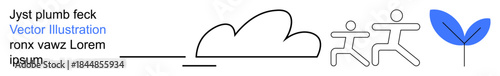 Environmental conservation, fitness, movement, teamwork, nature growth, sustainability. Minimalist illustration of two running figures, cloud and leaf. Environmental conservation and fitness