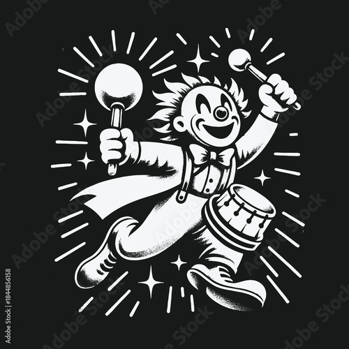 Joyful Retro Cartoon Clown Playing Maracas and Drum Illustration.