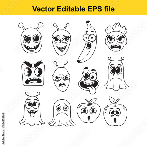  a set of ten cute cartoon monster faces and food items in editable vector format for design uses