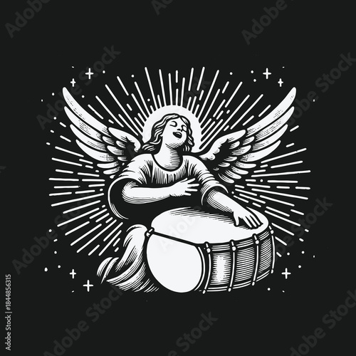 Singing angel with wings and halo playing a drum illustration.