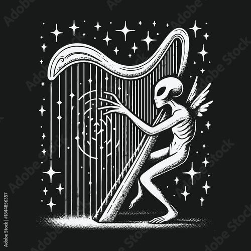 Cosmic Alien Angel Playing a Celestial Star Harp.