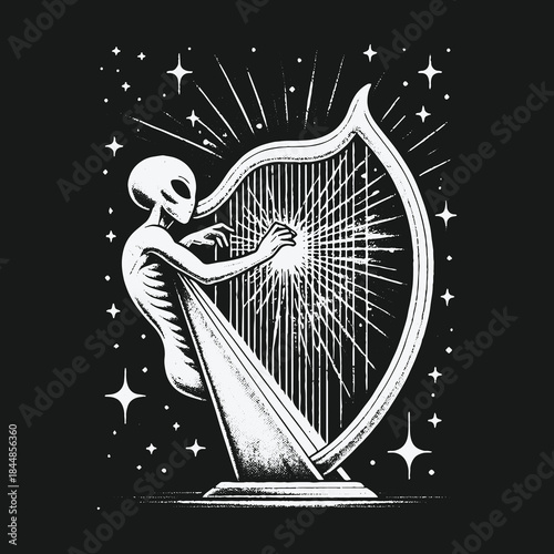 Celestial Symphony Alien Harpist Amongst the Stars Illustration.