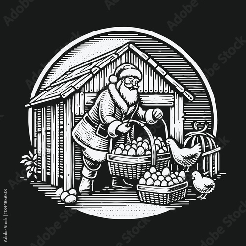 Vintage Santa Claus collecting fresh eggs from a chicken coop illustration.