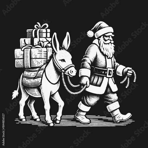 Vintage black and white illustration of Santa Claus leading a donkey carrying Christmas gifts.