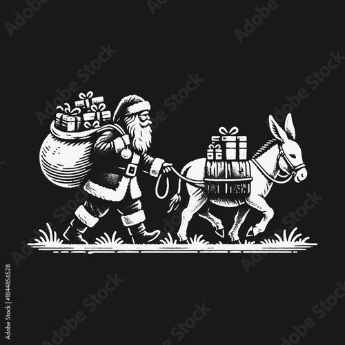 Santa Claus and his donkey delivering Christmas gifts vintage woodcut style illustration.