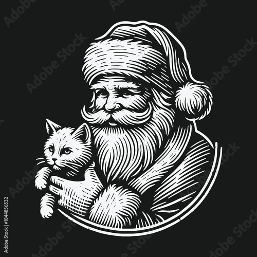 Vintage Santa Claus holding a cute kitten in an engraving style.