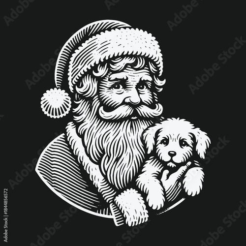 Vintage style illustration of Santa Claus holding a puppy.