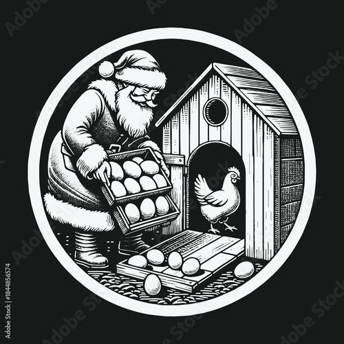 Festive Farmer Santa Claus Gathers Eggs from a Hen House.