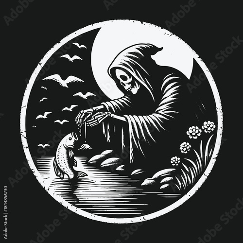 Dark Whimsical Grim Reaper Fishing by Moonlight Illustration.