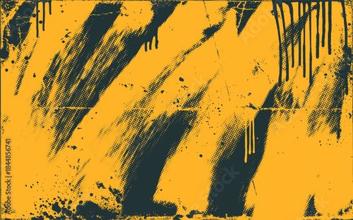 Urban street art yellow black graffiti punk banner background with drips and splatters. Spray paint effect, distress damaged edge retro template with halftone texture. Bold messy brush strokes.