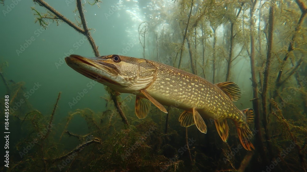 Obraz premium A fish is swimming in a murky green water. The fish is small and has a long body