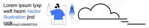 Innovation, creativity, technology, exploration, imagination, startup ventures. A person holding a rocket, coupled with abstract cloud and placeholder text. Creativity and innovation concept