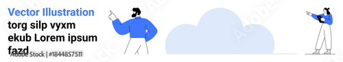 Two individuals in casual outfits pointing and engaging with abstract cloud shapes. Ideal for teamwork, collaboration, creativity, technology, brainstorming, innovation, simple landing page