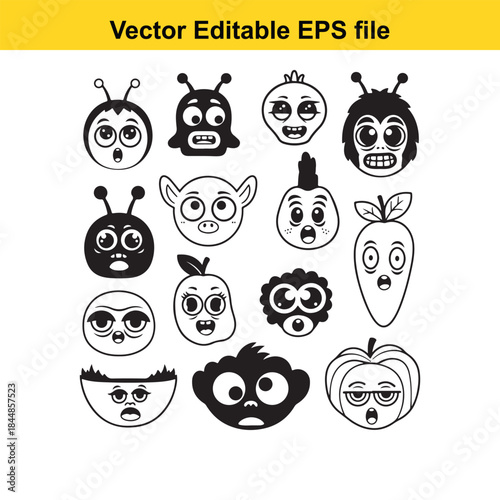  collection of various cartoon faces and vegetables in black and white