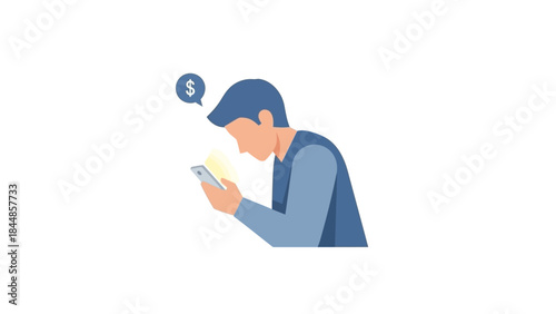 Man Using Smartphone With Dollar Sign Thought Bubble.