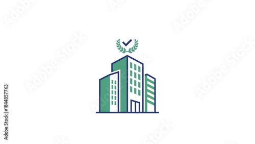 Modern Office Buildings with a Laurel Wreath Symbol of Success.