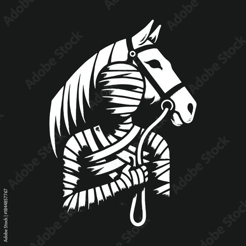 Mysterious bandaged person leading a horse by the bridle.