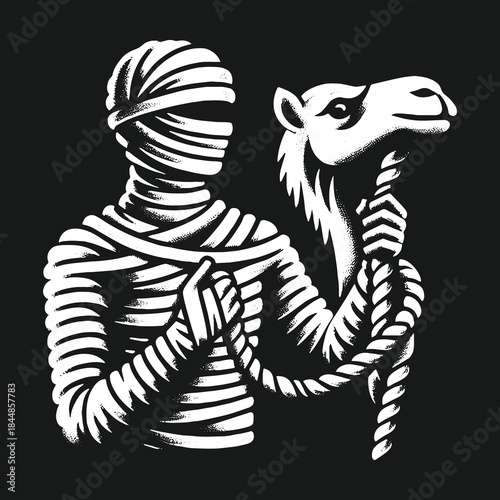 Monochrome illustration of a bandaged mummy holding a camel head staff.