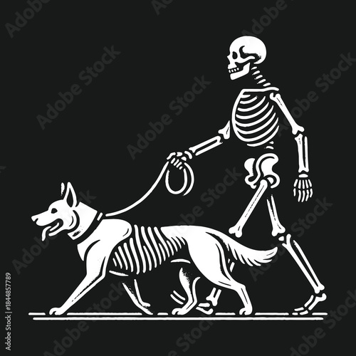 Monochrome graphic illustration of a human skeleton walking a dog skeleton.