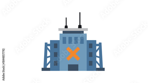 Modern Industrial Building with Orange Symbol.