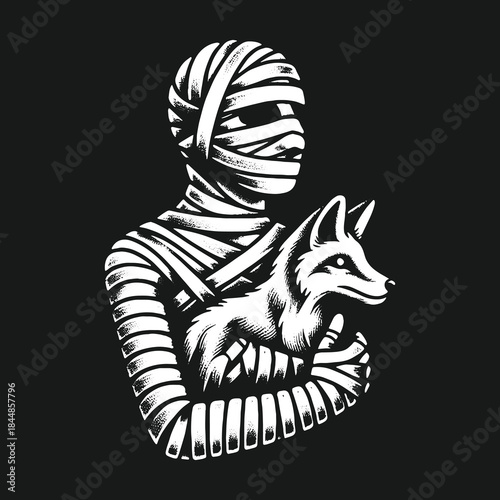 Eerie illustration of a bandaged mummy holding a wild fox.