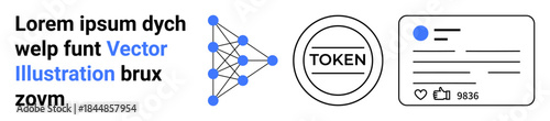 Artificial intelligence, cryptocurrency, social engagement, blockchain, data analysis, digital authentication. Network of connected nodes, token label social interaction card. Artificial