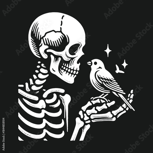 Monochrome graphic illustration of a skeleton holding a small bird.