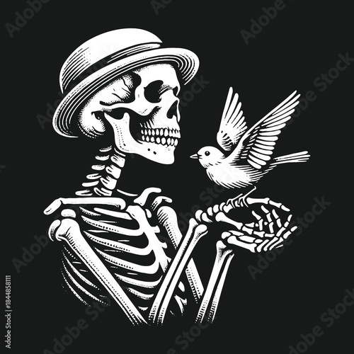 Monochrome illustration of a skeleton in a bowler hat holding a bird.
