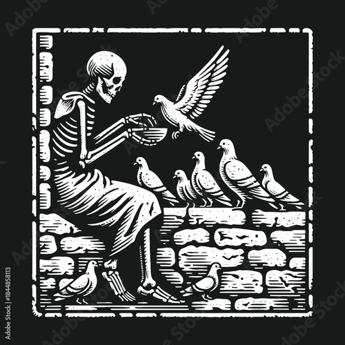 A kind skeleton shares food with a flock of pigeons on a stone wall.