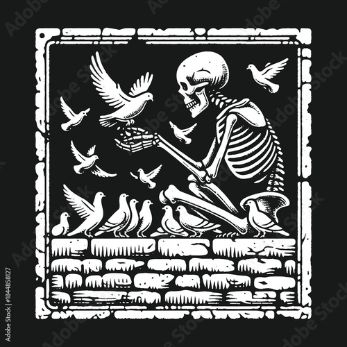 Monochrome illustration of a skeleton sitting on a brick wall feeding doves.